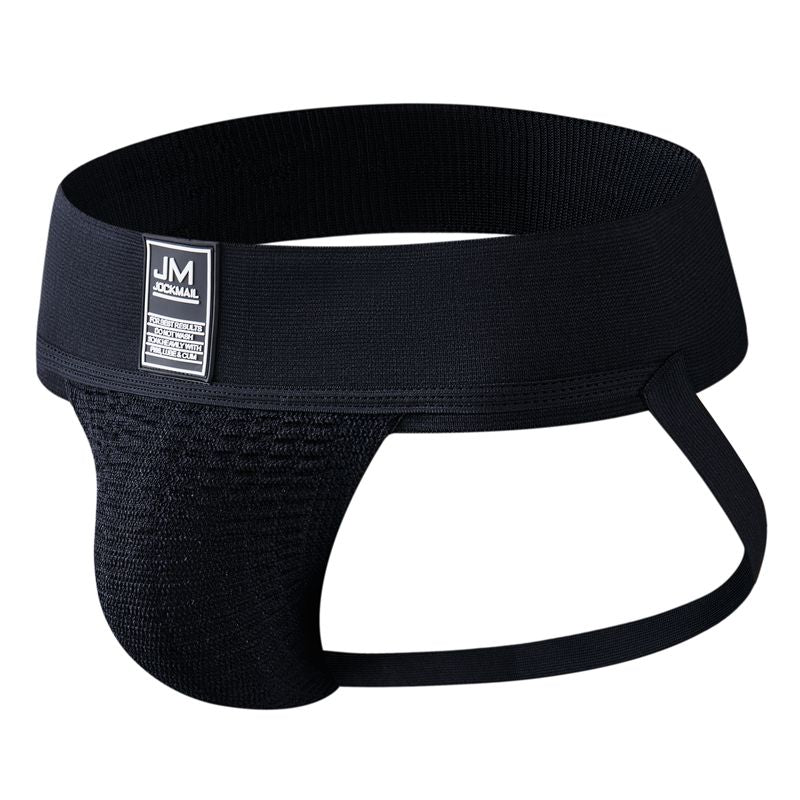 Black athletic jockstrap with wide waistband and supportive front pouch