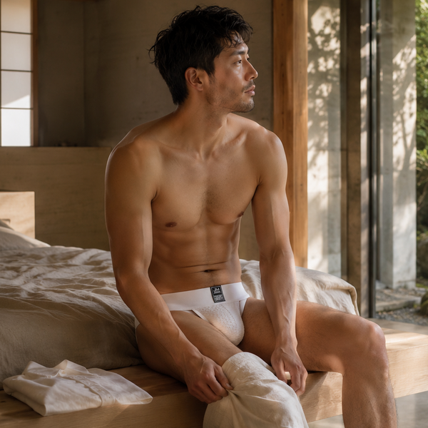 White lace-panel jockstrap worn by a seated model in a sunlit bedroom