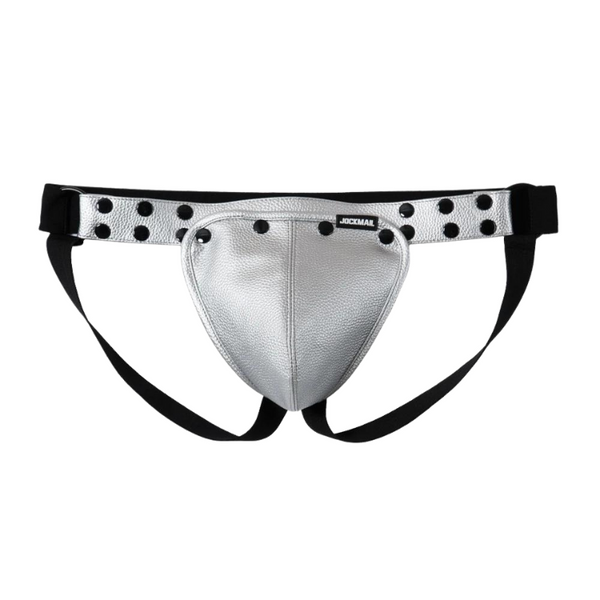Silver faux-leather jockstrap with black straps and a studded waistband
