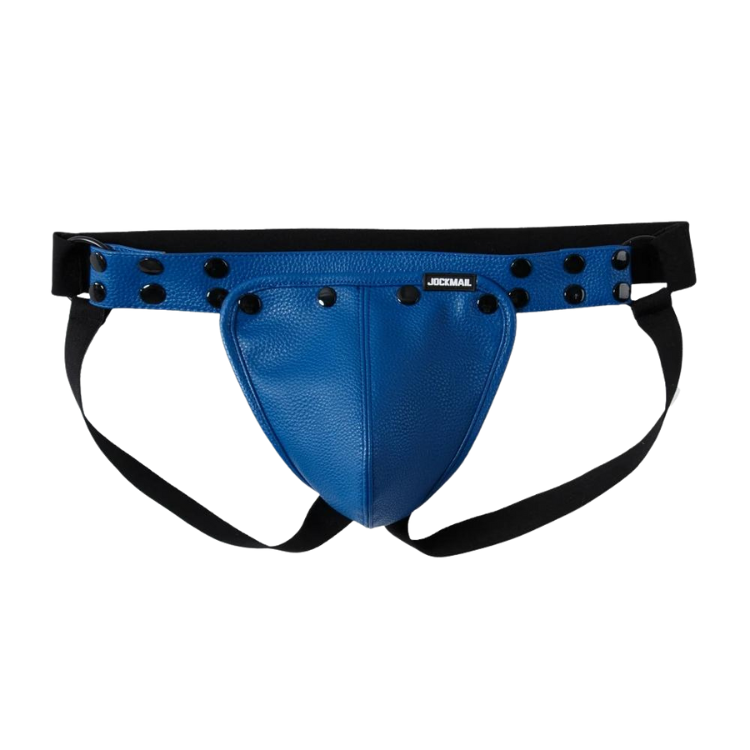 Blue faux-leather jockstrap with wide studded waistband and black leg straps