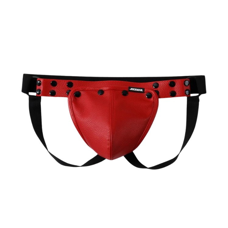 Front view of a red faux-leather jockstrap with black straps and studded waistband