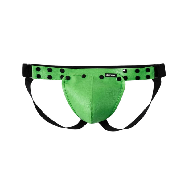 Green leather-look jockstrap with a studded waistband, pouch, and black leg straps