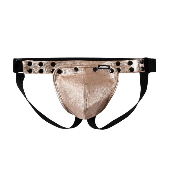 Front view of a metallic pouch jockstrap with black straps and studded waistband