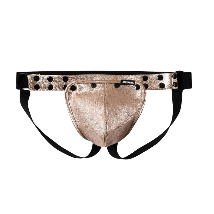 Front view of a metallic pouch jockstrap with black straps and studded waistband