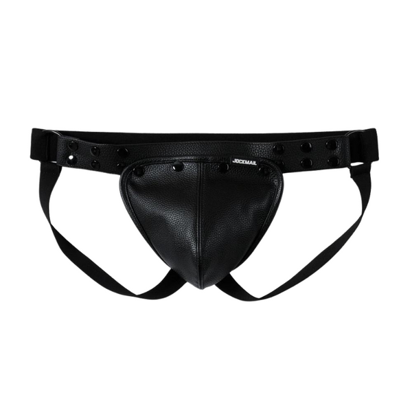 Black faux-leather jockstrap with wide studded waistband and contoured pouch