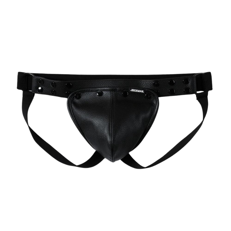 Black faux-leather jockstrap with wide studded waistband and contoured pouch