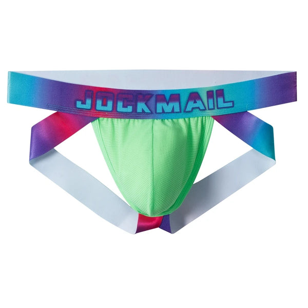 Front view of a neon green mesh jockstrap with rainbow straps and JOCKMAIL waistband