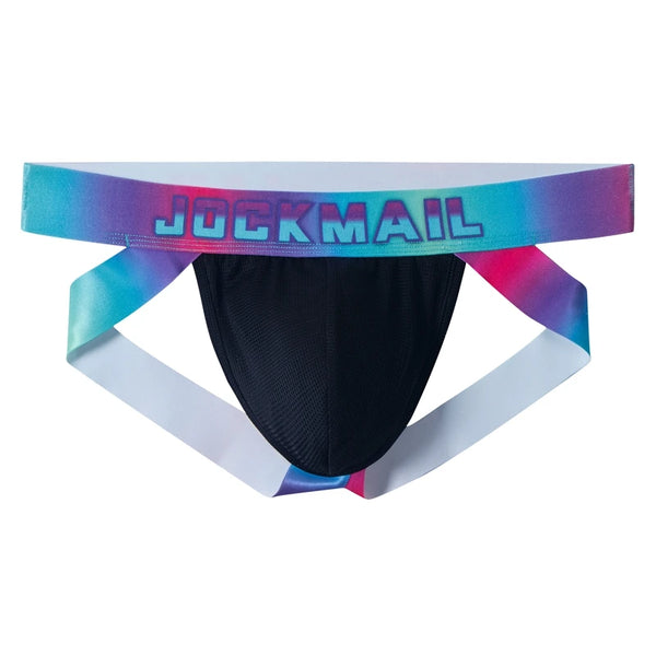 Front view of a black mesh jockstrap with a rainbow-gradient waistband labeled JOCKMAIL