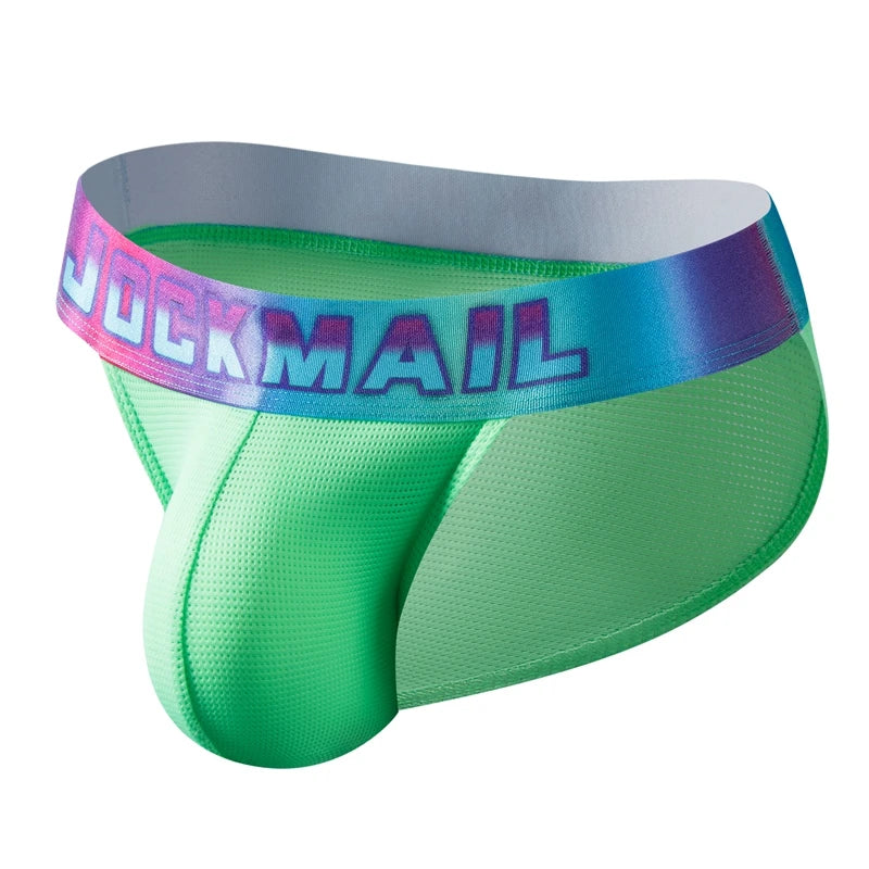 Front three-quarter view of green mesh briefs with an iridescent JOCKMAIL waistband