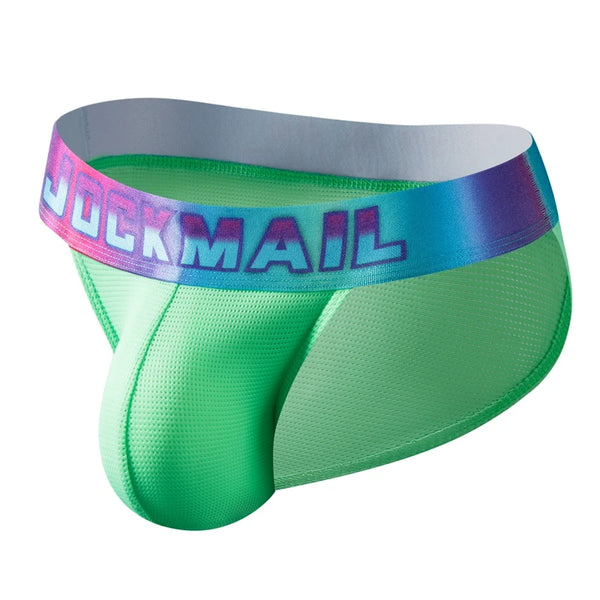 Front three-quarter view of green mesh briefs with an iridescent JOCKMAIL waistband