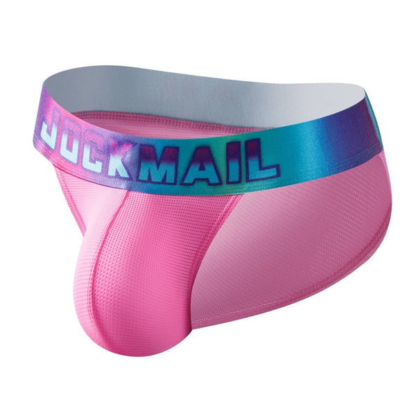 Front three-quarter view of pink mesh briefs with a blue-purple waistband reading JOCKMAIL