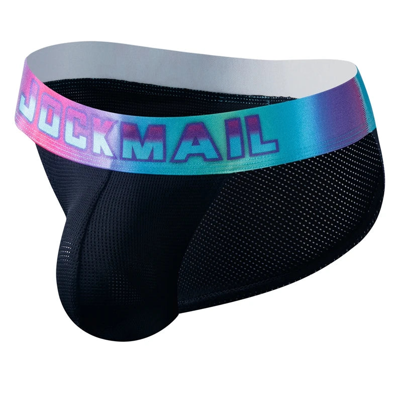 Front three-quarter view of black mesh briefs with a pink-and-blue gradient JOCKMAIL waistband