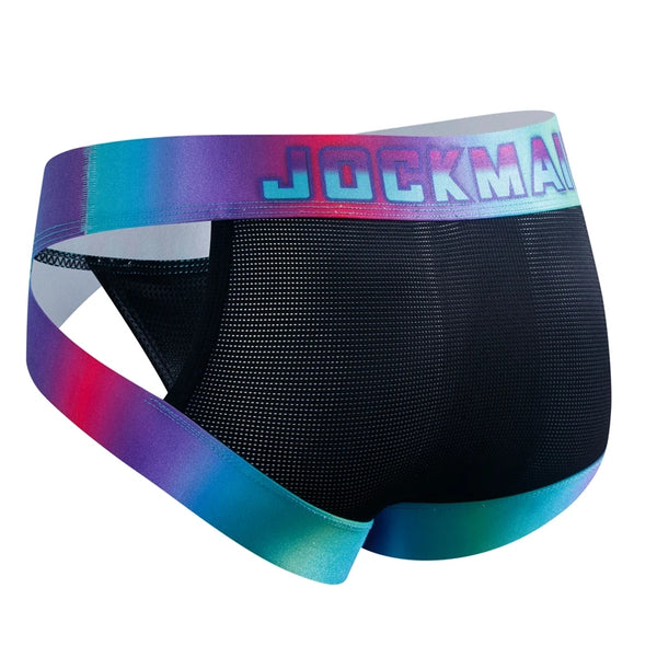 Black mesh men's brief with a multicolor waistband and JOCKMAIL lettering