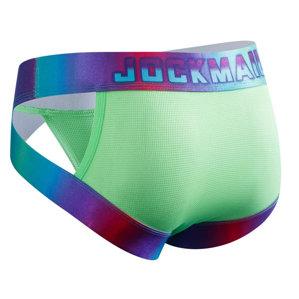 Close-up of mint green mesh jock briefs with rainbow waistband and side straps