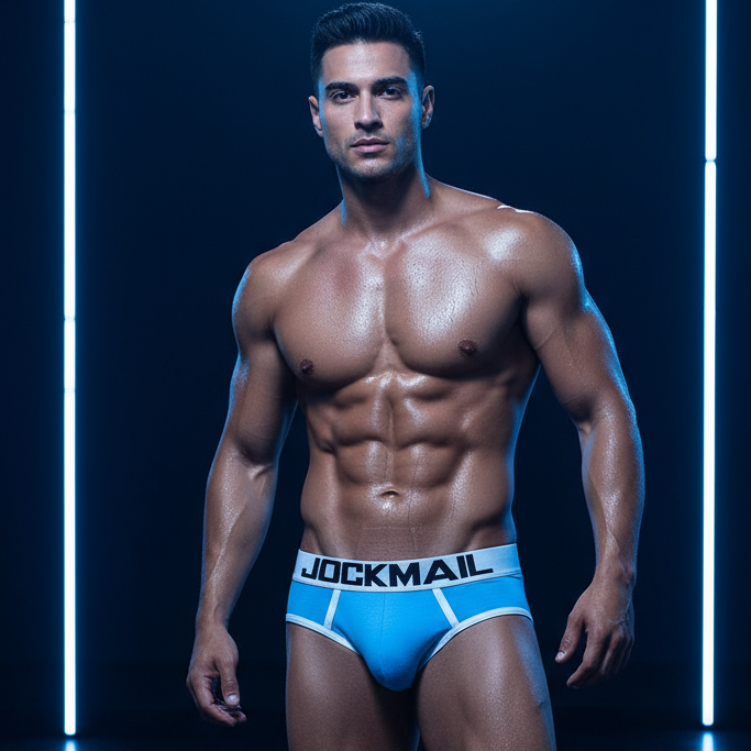 Muscular person in bright blue Jockmail Backless Briefs, showcasing a contoured pouch against a dark backdrop with light bars