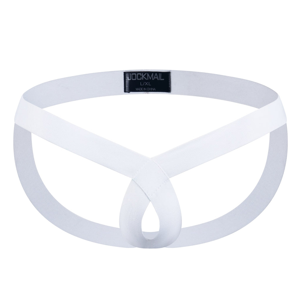 White elastic cockstrap shown flat, with a front loop and JOCKMAIL L/XL label