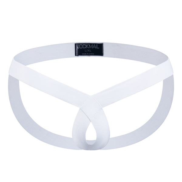 White elastic cockstrap shown flat, with a front loop and JOCKMAIL L/XL label
