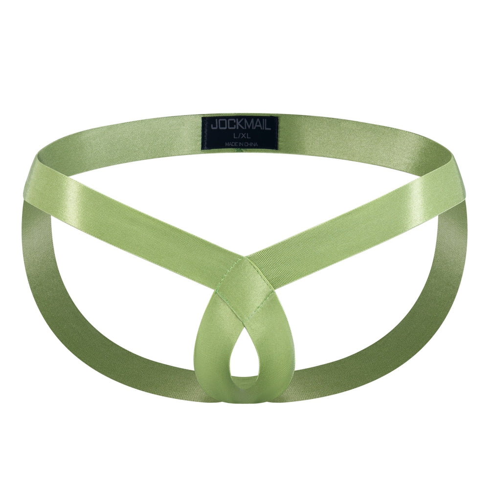 Light green elastic cockstrap shown flat with a central ring and JOCKMAIL L/XL label