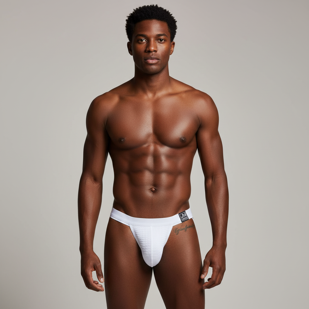 Muscular person with short curly hair, tattoo on upper left thigh, wears Jockmail Basic Jockstrap with black waistband label