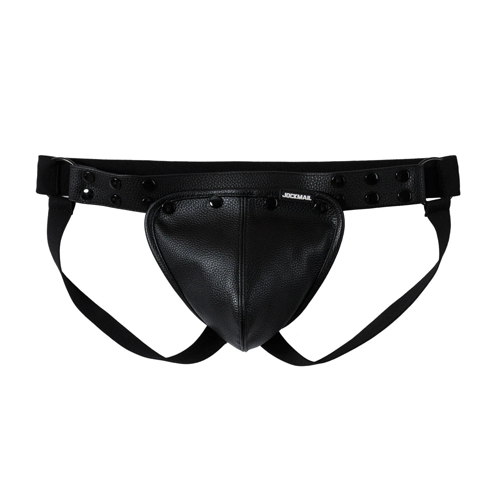 Front view of a black leather-look jockstrap with a wide studded waistband and pouch