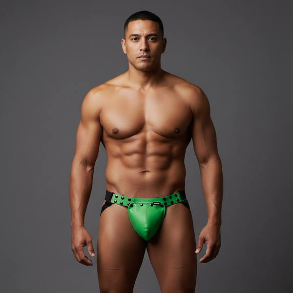 Muscular man with short dark hair poses front-facing in a shiny green and black Jockmail 