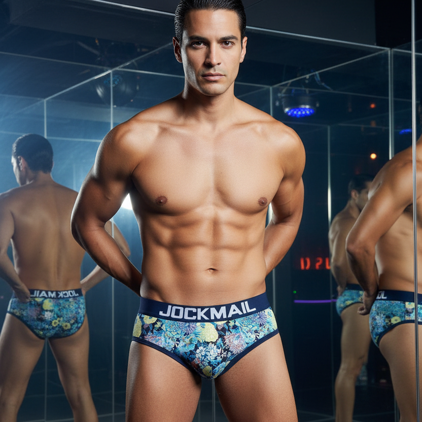 A muscular person models Jockmail blue floral briefs in a dimly lit, mirrored room