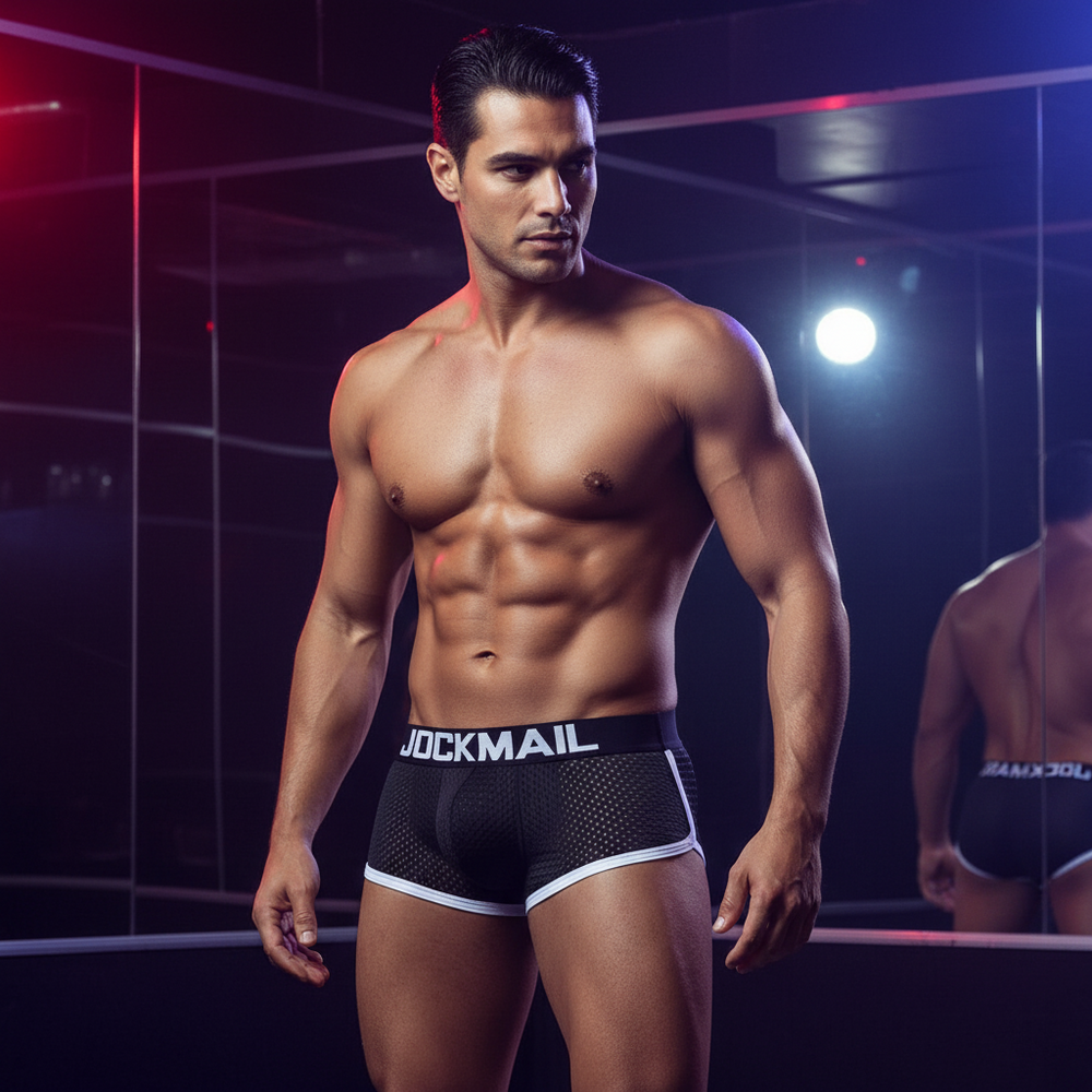 A muscular person in black Jockmail Butt Lifting Underwear stands in a neon-lit, mirrored room