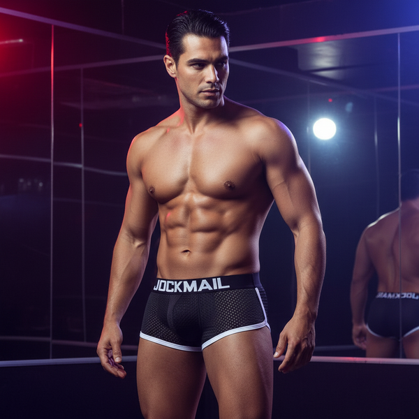 A muscular person in black Jockmail Butt Lifting Underwear stands in a neon-lit, mirrored room
