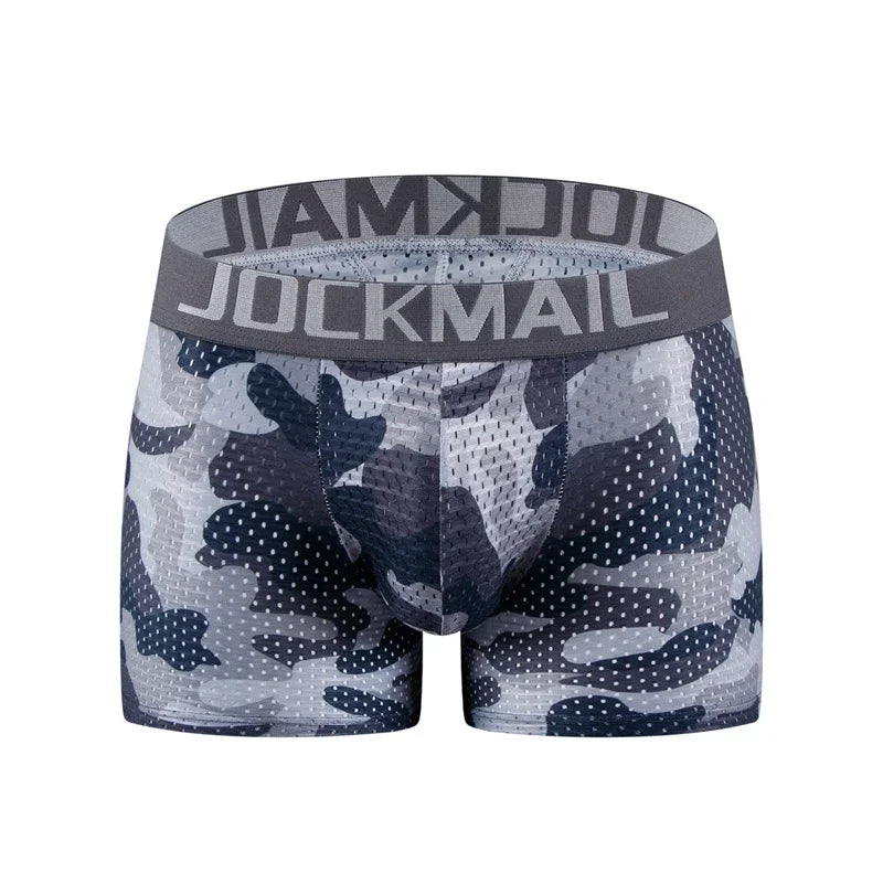 Front view of gray camouflage Jockmail boxer-brief underwear with a wide logo waistband