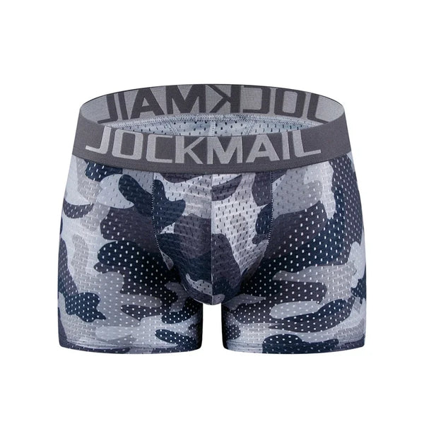 Front view of gray camouflage Jockmail boxer-brief underwear with a wide logo waistband
