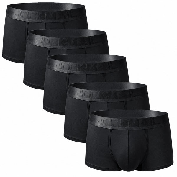 Five black boxer briefs arranged diagonally, showing elastic logo waistbands and contoured front pouches