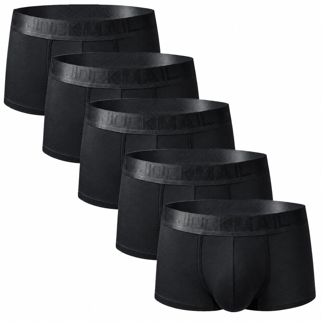 Five black boxer briefs arranged diagonally, showing elastic logo waistbands and contoured front pouches
