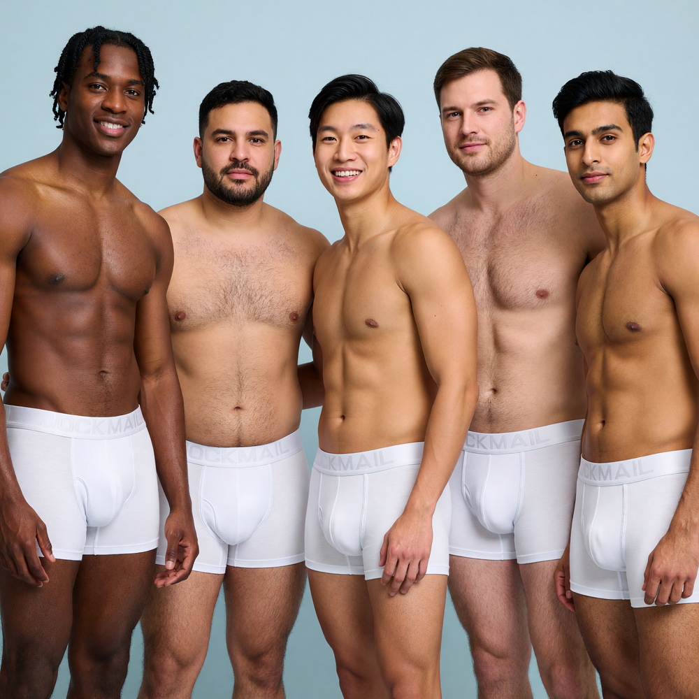 Jockmail Classic Boxers (5 Pack) in White worn by five models.
