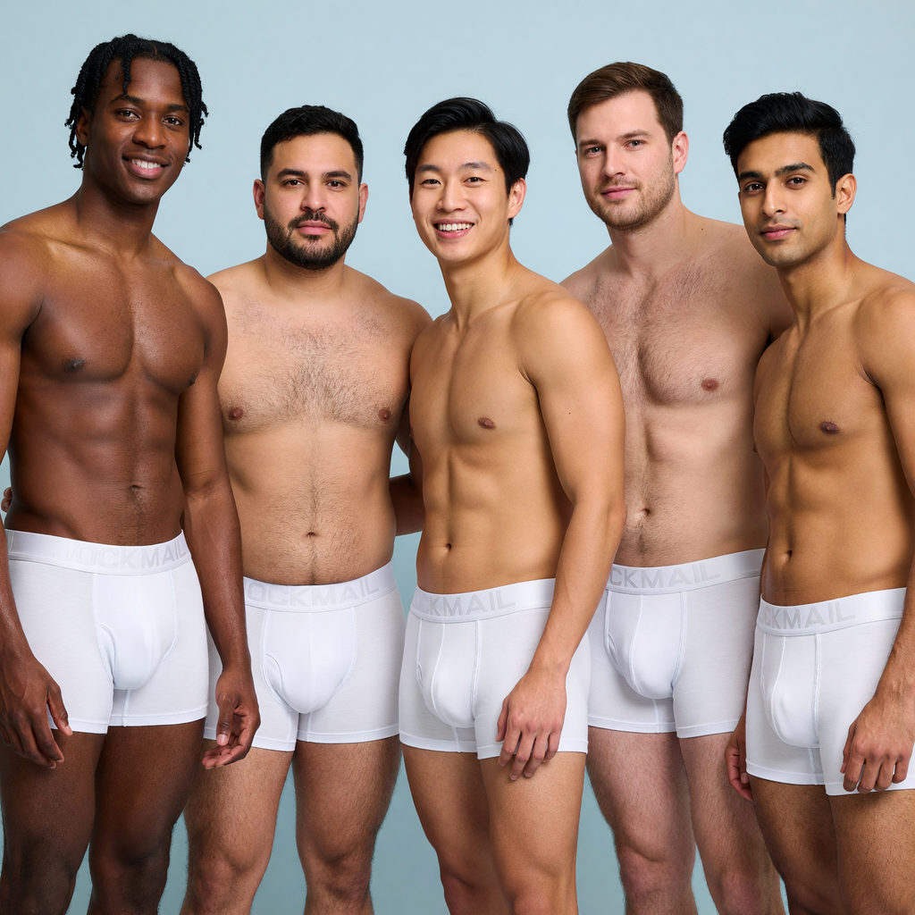 Jockmail Classic Boxers (5 Pack) in White worn by five models.