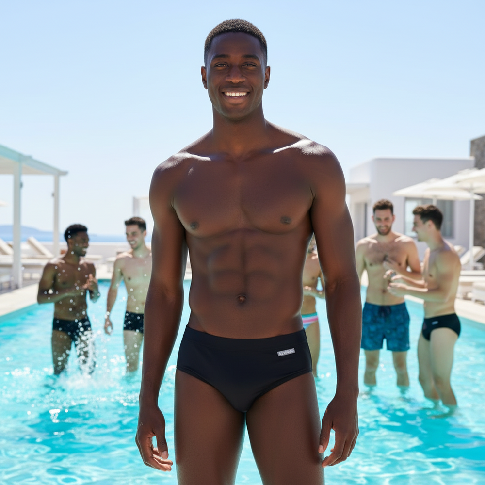 A person in black Jockmail Classic Low Waist Swim Briefs smiles poolside
