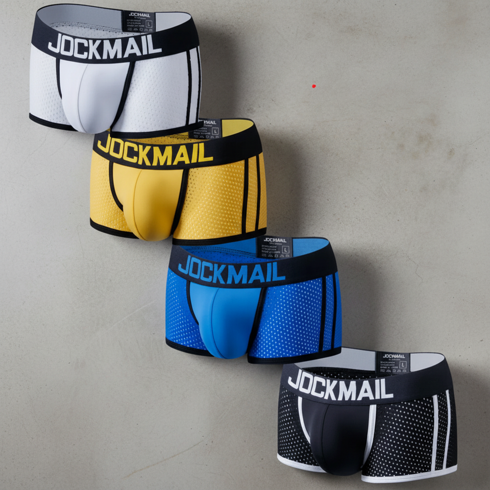 Four front-facing Jockmail mesh boxer briefs in white, yellow, blue, and black