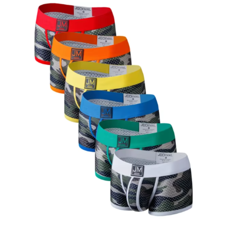 Six camouflage-print mesh boxer briefs arranged in a diagonal row, each with a different waistband color