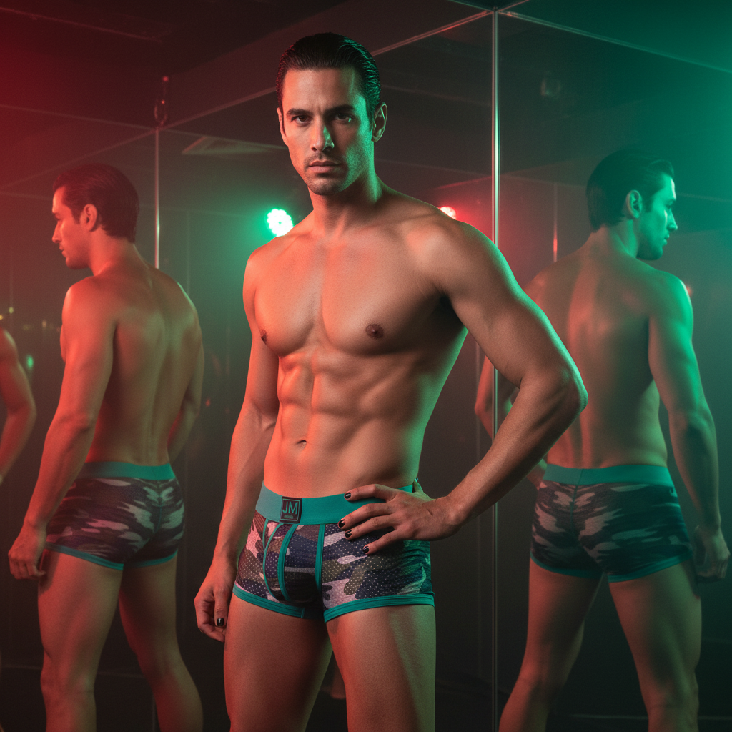 Muscular person in Jockmail Coloured Military Mesh Boxers, posing proudly in red and green light