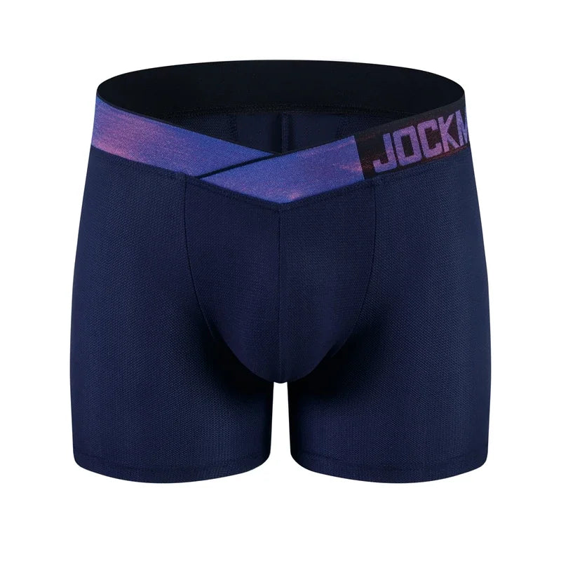 Front view of navy padded boxer briefs with a purple waistband and JOCKMAIL text