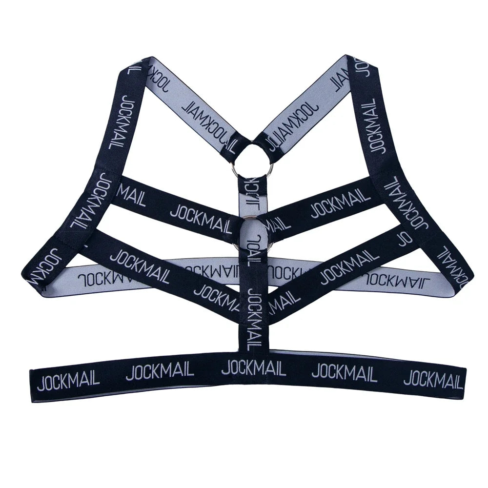 Black and gray JOCKMAIL chest harness with multiple straps and a metal ring, shown flat