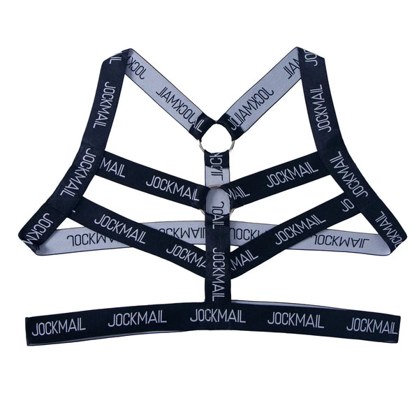 Black and gray JOCKMAIL chest harness with multiple straps and a metal ring, shown flat