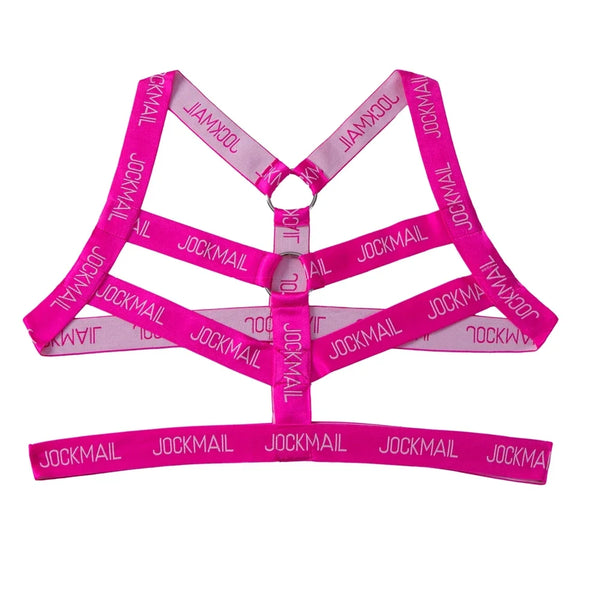 Flat-lay view of a bright pink elastic chest harness with multiple straps and metal rings