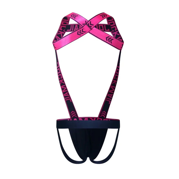 Front-facing black and hot-pink strappy jock harness with a supportive pouch on white
