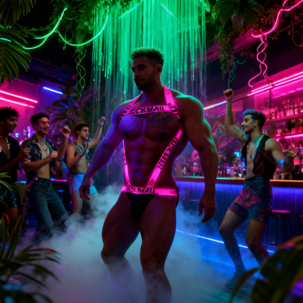 Muscular person wearing a pink branded chest-and-waist harness at a neon-lit dance club