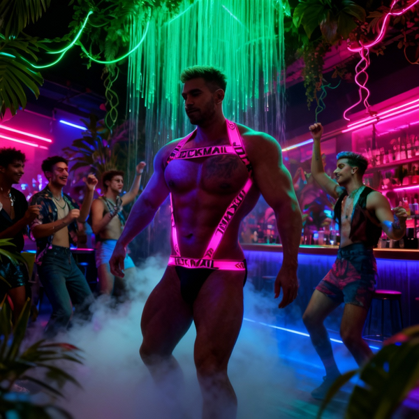 Muscular person wearing a pink branded chest-and-waist harness at a neon-lit dance club