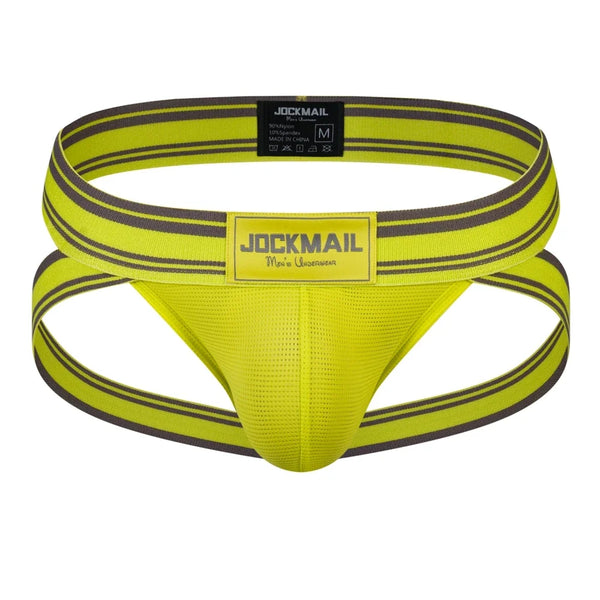 Front view of a neon yellow men's jockstrap with dark striped straps and mesh pouch