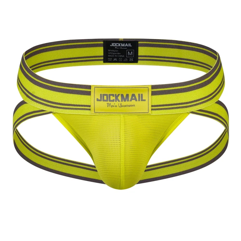 Front view of a neon yellow men's jockstrap with dark striped straps and mesh pouch