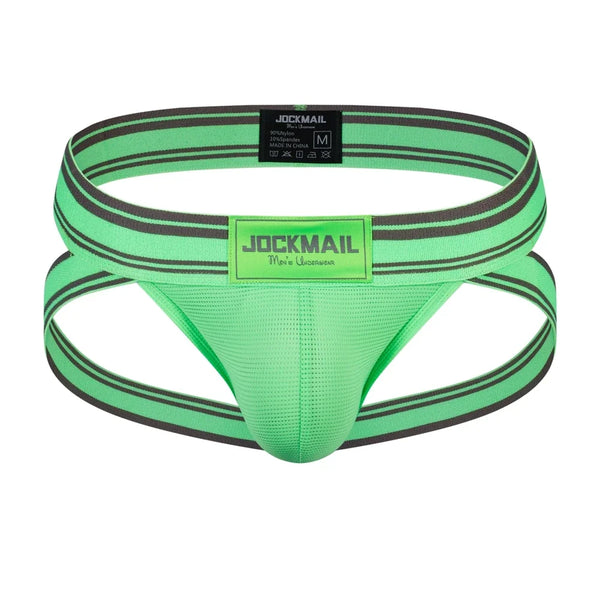 Front-facing neon green and black striped jockstrap with a mesh pouch and rear straps