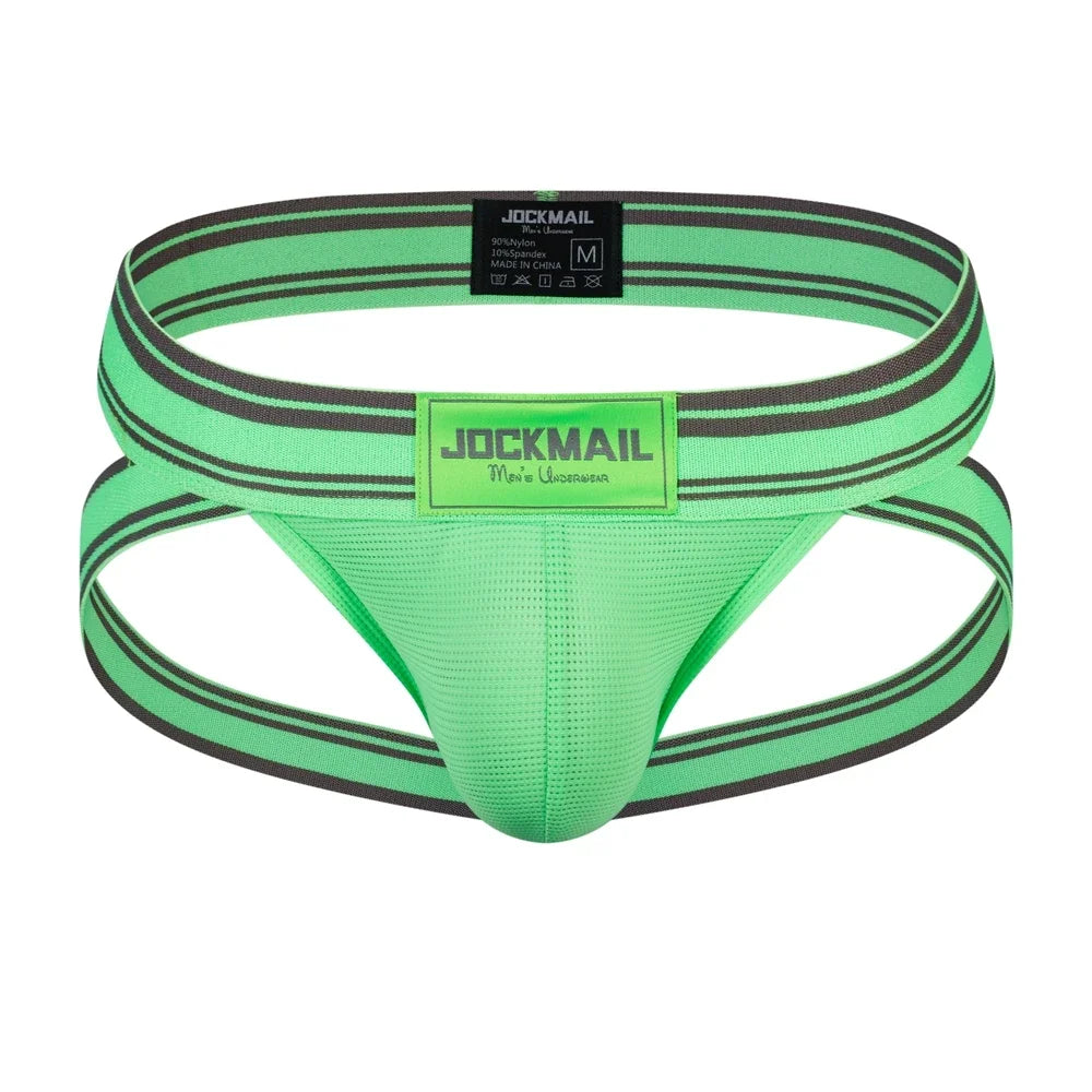 Front-facing neon green and black striped jockstrap with a mesh pouch and rear straps