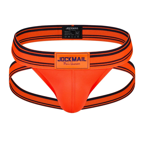 Front view of an orange mesh jockstrap with navy striped straps and JOCKMAIL labels